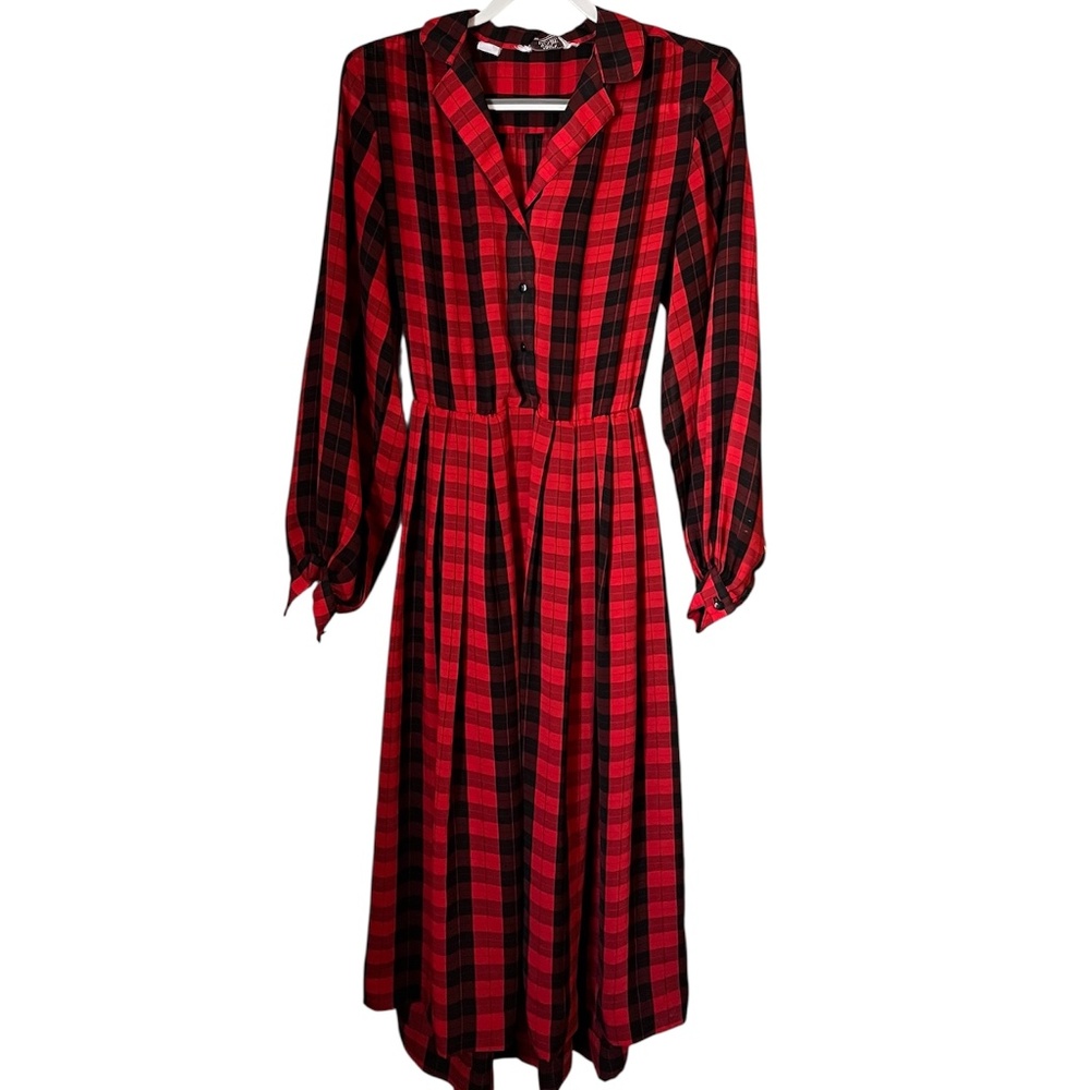 Vintage John Henry Women’s Red and Black Plaid Midi Dress with Waist Tie Sz-M